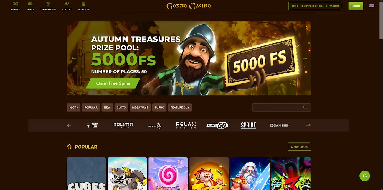 Spiellobby von Gonzo Casino mit Slots und Live-Tischen